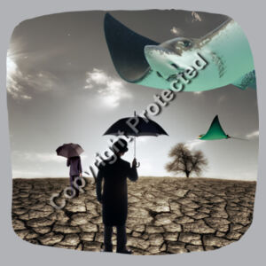 Fun Surreal Landscape T-Shirt | Desert Stingray and Umbrellas - AS Colour Mens Block T shirt Design