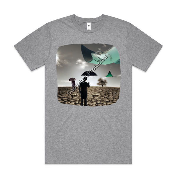 Fun Surreal Landscape T-Shirt | Desert Stingray and Umbrellas - AS Colour Mens Block T shirt Thumbnail